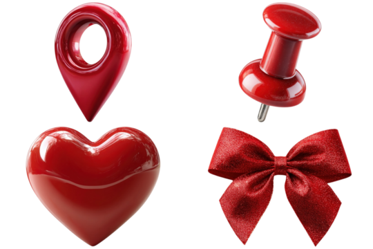 Set of red heart, bow, and location pin