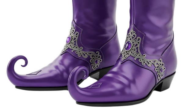 A pair of purple elf boots with curled toes and decorative silver embellishments on a black background