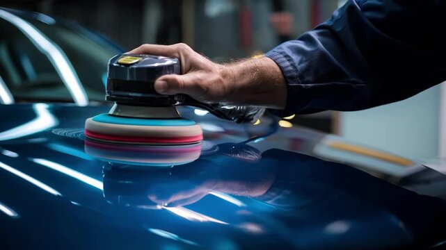Medium shot of a technician inspecting the polished surface after using a compact polisher ensuring the minor scratches have been effectively removed.