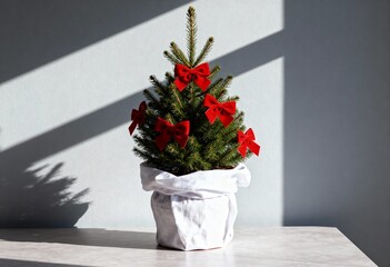 Fototapeta premium Small Christmas tree decorated with red bows in a white fabric pot. Minimalist holiday background with sunlight and hard shadows. Sustainable Xmas concept with copy space