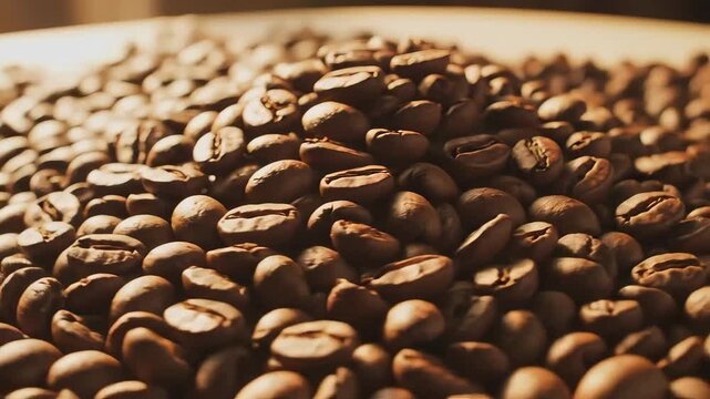 Close up of roasted coffee beans piled high in a heap 1.