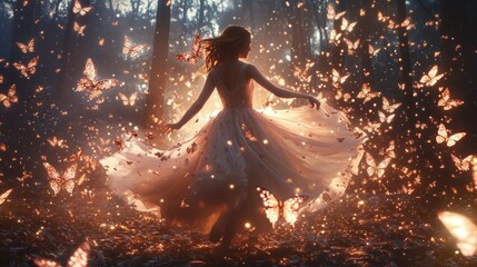 A young woman in a flowing dress dances among glowing butterflies in a mystical forest at twilight, surrounded by enchanting lights