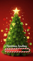 Christmas tree against a festive red background with a "Christmas Loading" progress bar