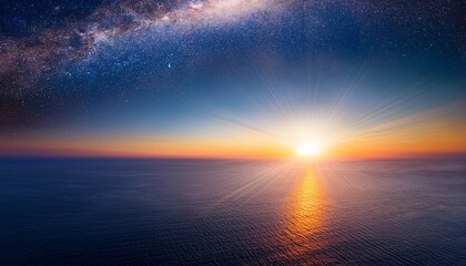 A Stunning Cosmic Landscape Featuring Stars And A Radiant Sun Rising Over A Tranquil Horizon Invoking A Sense Of Peace And Wonder