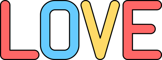 Vibrant Multicolored LOVE Typography Vector: Bold Flat Letters in Red L&E, Blue O, Yellow V for Playful Romantic Valentine Graphics and Designs