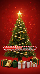 A festive Christmas tree and wrapped gifts on a red background, with a candy cane progress bar that reads "Christmas Loading 99%"