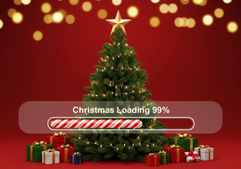 A festive Christmas tree and wrapped gifts on a red background, with a candy cane progress bar that reads "Christmas Loading 99%"