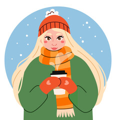 Cute cartoon girl in a warm clothes drinks coffee and enjoys winter.