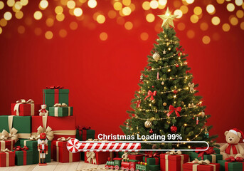 A festive Christmas tree with wrapped gifts and toys on a red background, with a progress bar that reads "Christmas Loading 99%"
