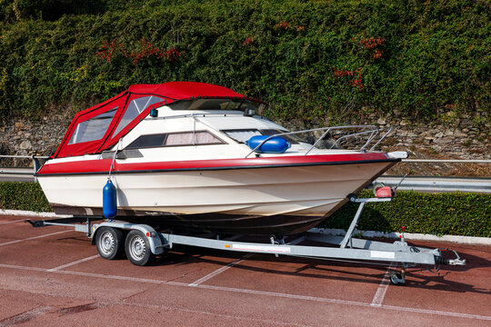 Image of a  small boat yacht on a trailer near Como Lake, Italy, Europe