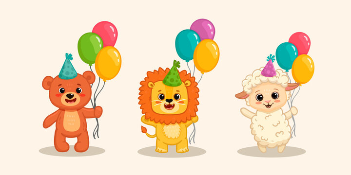 Set of cute cartoon animals with birthday decoration.Teddy bear, lion,sheep with balloons. Animal in flat style for greeting card, books, aktivity page, happy birthday postcard.