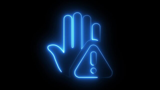 Prohibitory sign Animation with a raised hand with neon tringle icon. Danger warning with hand. prohibited Hand icon.