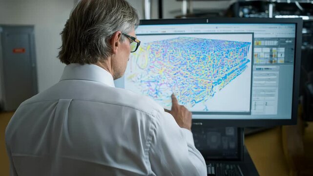 Professional engineer interacting with virtual stamping simulation software displaying realtime predictive outcomes on a highresolution screen.