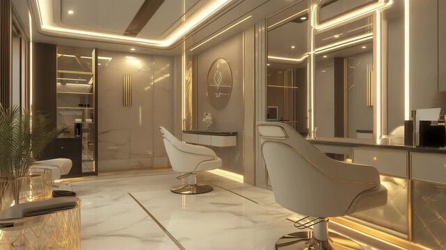 Luxurious Modern Beauty Salon Interior With White Chairs And Gold Accents
