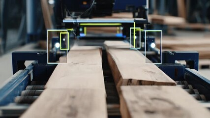 Medium shot of a visionbased AI system scanning wooden planks on a conveyor highlighting precision in detecting surface defects and grain irregularities.