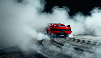 Red V8 sports car spinning through dense tire smoke, dramatic and high-energy.