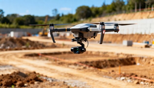 Medium shot of advanced drone performing aerial site analysis with highresolution cameras capturing land features for construction planning
