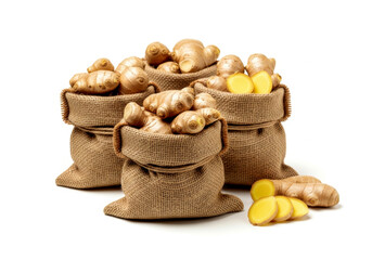 Four rustic burlap sacks overflowing with knobby fresh ginger roots revealing pale interior