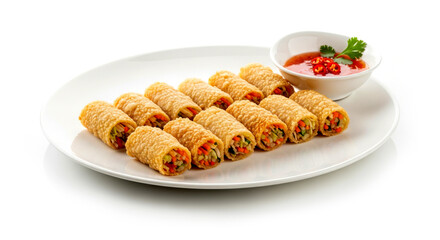Golden crispy vegetable spring rolls arranged neatly beside a small bowl of chili dipping sauce