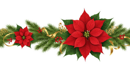 Seamless horizontal holiday garland of vibrant red poinsettia blooms with lush green leaves and golden accents