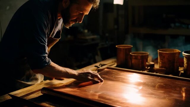 Medium shot of a craftsman polishing a copper sheet to achieve a smooth matte finish highlighting the soft texture and muted sheen under warm lighting.
