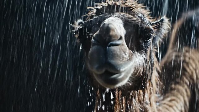 Close up camel face in heavy rain with water droplets falling and fur wet