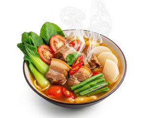 Steaming bowl of Filipino pork sinigang with tender pork pieces tamarind broth and fresh vegetables