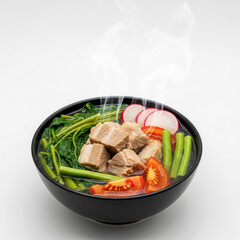 Steaming bowl of Filipino pork sinigang with tender pork pieces tamarind broth and fresh vegetables