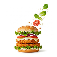Towering crispy chicken burger with lettuce tomato and sauce on a sesame bun with floating elements