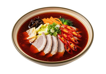 Traditional Chinese dish of spicy and sour pickled pork with crisp vegetables in rich red broth