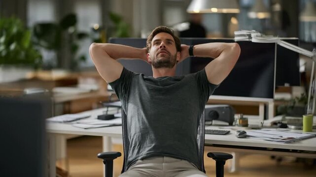 Medium shot of a worker adjusting ergonomic office chair to enhance posture and reduce strain during computer tasks.