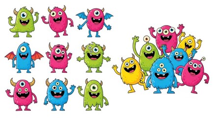 Vibrant collection of whimsical cartoon monsters with exaggerated features and colorful bodies posed dynamically