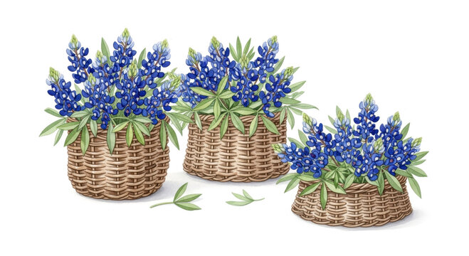 Soft watercolor bunches of Texas bluebonnets in rustic woven wicker baskets