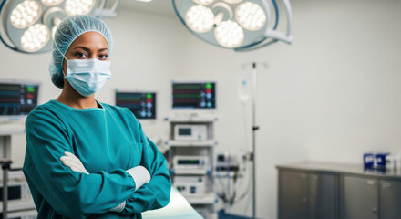 Focused African American female surgeon in teal scrubs standing in a bright operating room