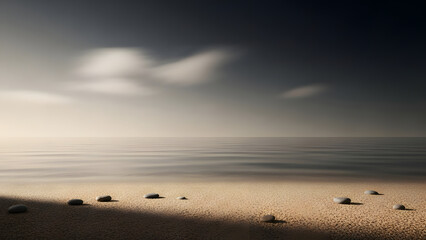 Serene beach landscape with smoothed water under a cloudy sky offering tranquil ambience and a naturalistic