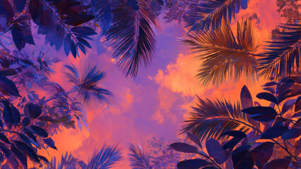 Vibrant purple and blue tropical foliage frames a surreal sky, bursting with dramatic orange and pink hues and soft, ethereal clouds.