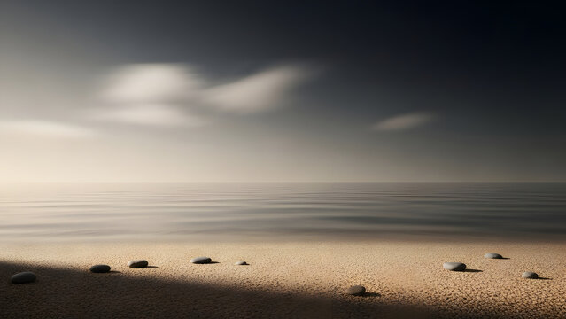 Serene beach landscape with smoothed water under a cloudy sky offering tranquil ambience and a naturalistic - Powered by Adobe