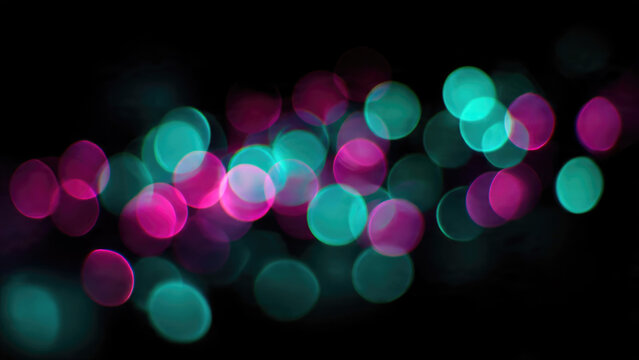 Abstract bokeh lights showcase vibrant magenta and teal circles shimmering against a dark background. Soft, defocussed glow creates a beautiful, dreamy atmosphere. - Powered by Adobe