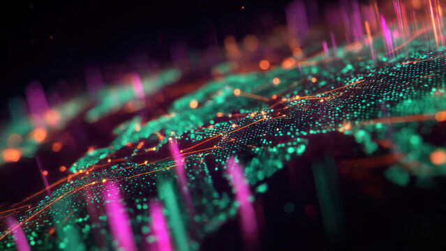 This image visualizes intricate digital data networks across a futuristic grid, featuring glowing connections and dynamic information spikes.