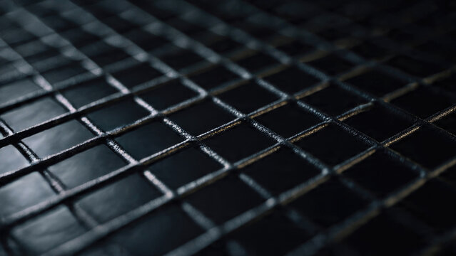 Close-up of a dark, metallic grid pattern with shallow depth of field, showcasing a textured, geometric surface with subtle reflections.