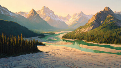 A breathtaking panoramic view of a mountain valley with a winding turquoise river and dense evergreen forests under a golden sky.