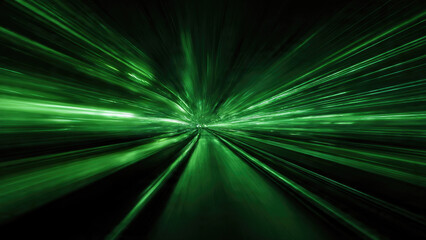 Vibrant green light streaks converge intensely, creating an abstract tunnel effect that conveys incredible speed, warp travel, or futuristic data flow.