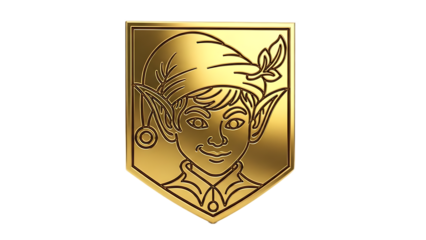A golden emblem featuring an elf with pointed ears and a hat with a leaf on a black background