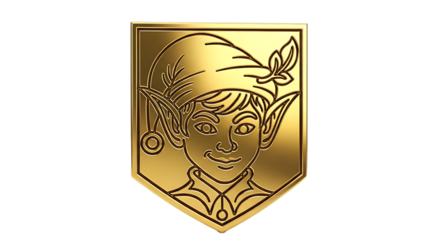 A golden emblem featuring an elf with pointed ears and a hat with a leaf on a black background