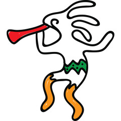 Whimsical White Figure Playing a Red Horn with Green and Orange Accents on a Transparent Background Abstract Line Art