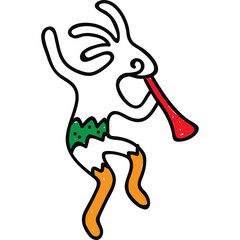 Whimsical Line Drawing of a Joyful Figure Playing a Red Horn with Green and Orange Accents on a Transparent Background Capturing a Sense of Celebration and Movement