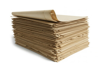 Group of aged worn paper sheets with frayed edges and subtle stains isolated in a stacked arrangement, ideal for vintage designs