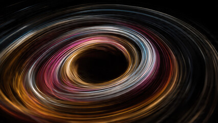 A vibrant, colorful light trail vortex with glowing lines spiraling into a dark center. Abstract motion blur creates a dynamic, energetic pattern.