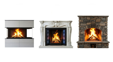 Various fireplace designs in modern classic and stone styles each with crackling lit fires, representing home warmth and interior decor