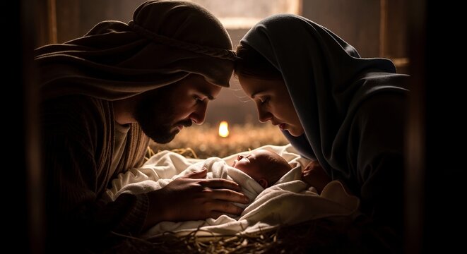 Mary and Joseph looking at newborn baby Jesus in a manger. The Holy Family in a traditional Nativity scene. Christian Christmas story of faith and hope